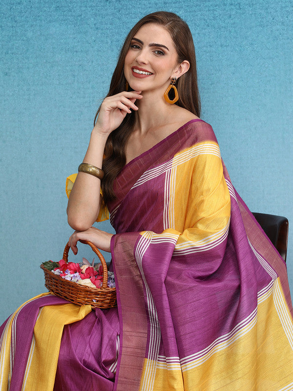 Yellow Tusser Silk Digital Print Solid Saree with Unstitched Blouse - Hiral Fashion