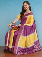 Yellow Tusser Silk Digital Print Solid Saree with Unstitched Blouse - Hiral Fashion