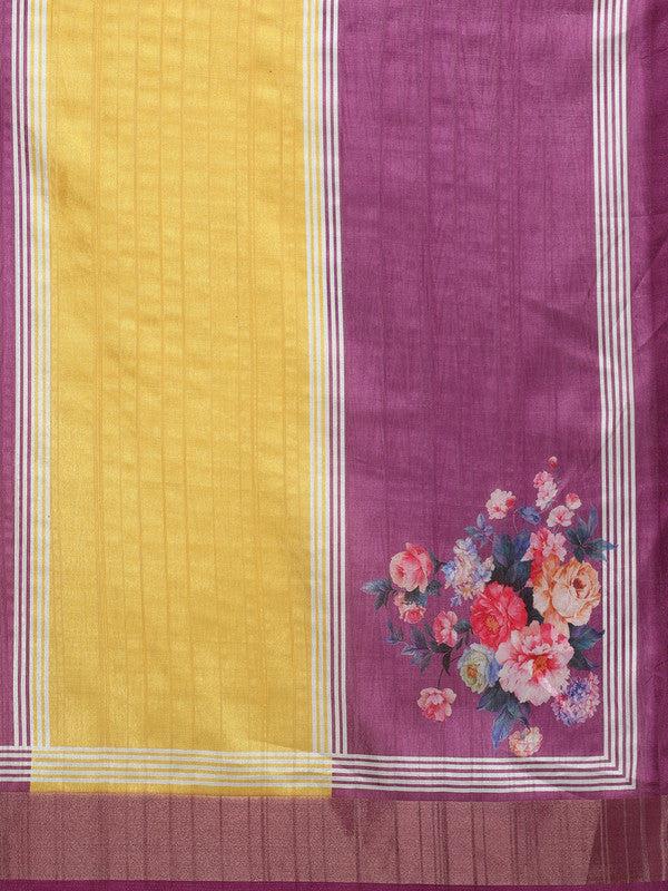 Yellow Tusser Silk Digital Print Solid Saree with Unstitched Blouse - Hiral Fashion