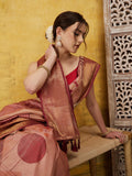 Peach Tusser Silk Digital Print Striped Saree with Unstitched Blouse - Hiral Fashion