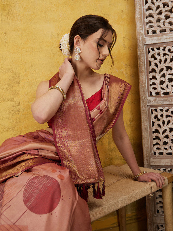 Peach Tusser Silk Digital Print Striped Saree with Unstitched Blouse - Hiral Fashion