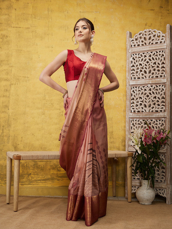Peach Tusser Silk Digital Print Striped Saree with Unstitched Blouse - Hiral Fashion