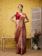 Peach Tusser Silk Digital Print Striped Saree with Unstitched Blouse - Hiral Fashion