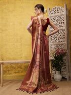 Peach Tusser Silk Digital Print Striped Saree with Unstitched Blouse - Hiral Fashion