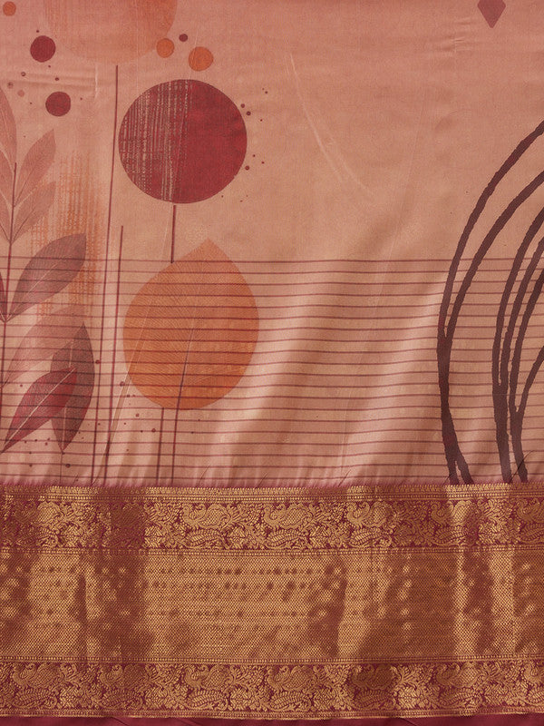 Peach Tusser Silk Digital Print Striped Saree with Unstitched Blouse - Hiral Fashion