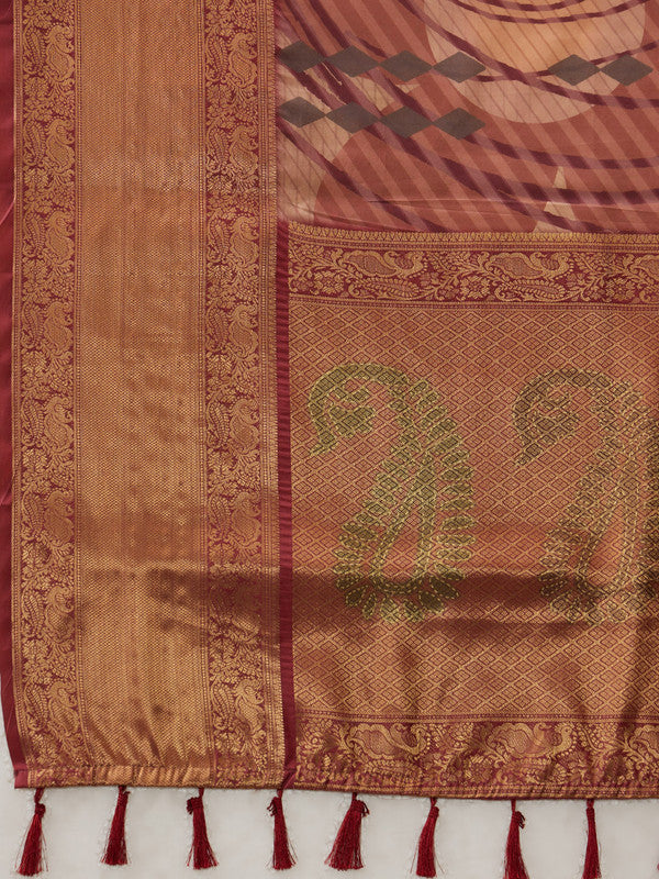 Peach Tusser Silk Digital Print Striped Saree with Unstitched Blouse - Hiral Fashion