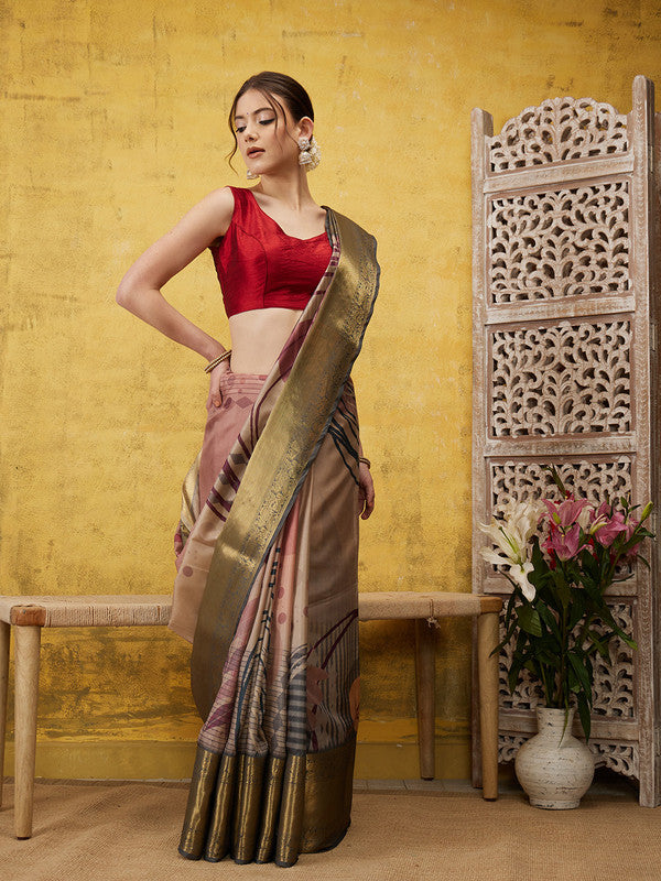 Multicolor Tusser Silk Digital Print Striped Saree with Unstitched Blouse - Hiral Fashion