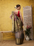 Multicolor Tusser Silk Digital Print Striped Saree with Unstitched Blouse - Hiral Fashion