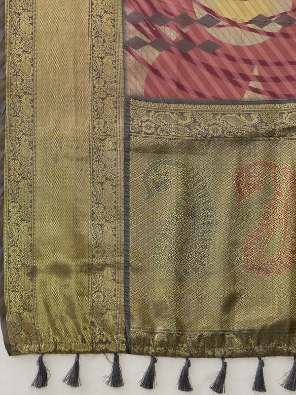 Multicolor Tusser Silk Digital Print Striped Saree with Unstitched Blouse - Hiral Fashion