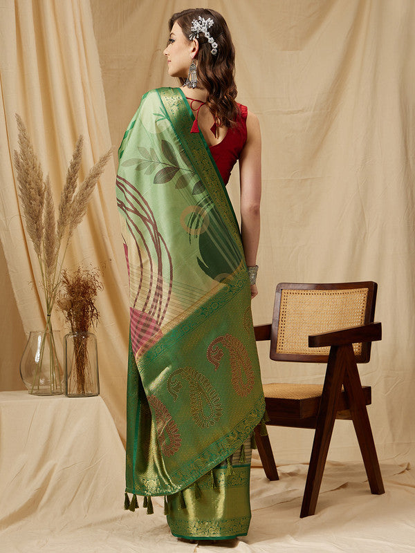 Multicolor Tusser Silk Digital Print Striped Saree with Unstitched Blouse - Hiral Fashion