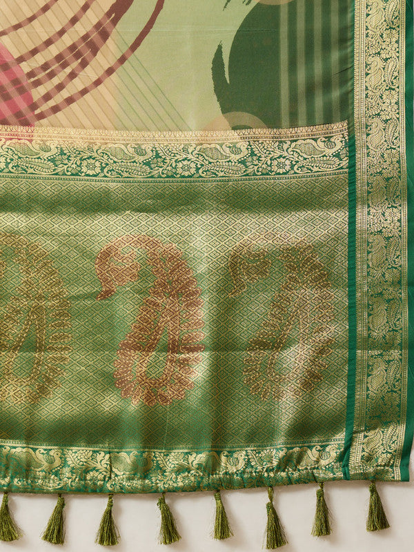 Multicolor Tusser Silk Digital Print Striped Saree with Unstitched Blouse - Hiral Fashion