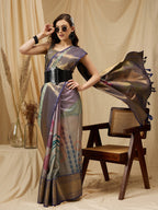 Multicolor Tusser Silk Digital Print Striped Saree with Unstitched Blouse - Hiral Fashion