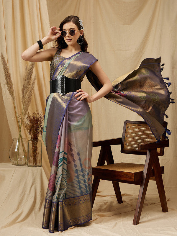 Multicolor Tusser Silk Digital Print Striped Saree with Unstitched Blouse - Hiral Fashion