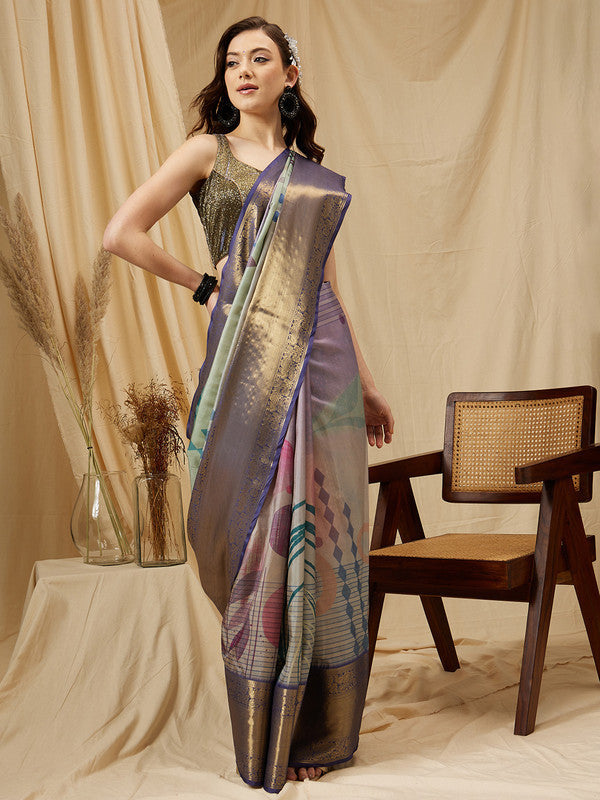 Multicolor Tusser Silk Digital Print Striped Saree with Unstitched Blouse - Hiral Fashion