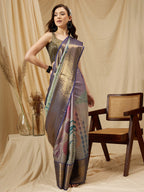 Multicolor Tusser Silk Digital Print Striped Saree with Unstitched Blouse - Hiral Fashion