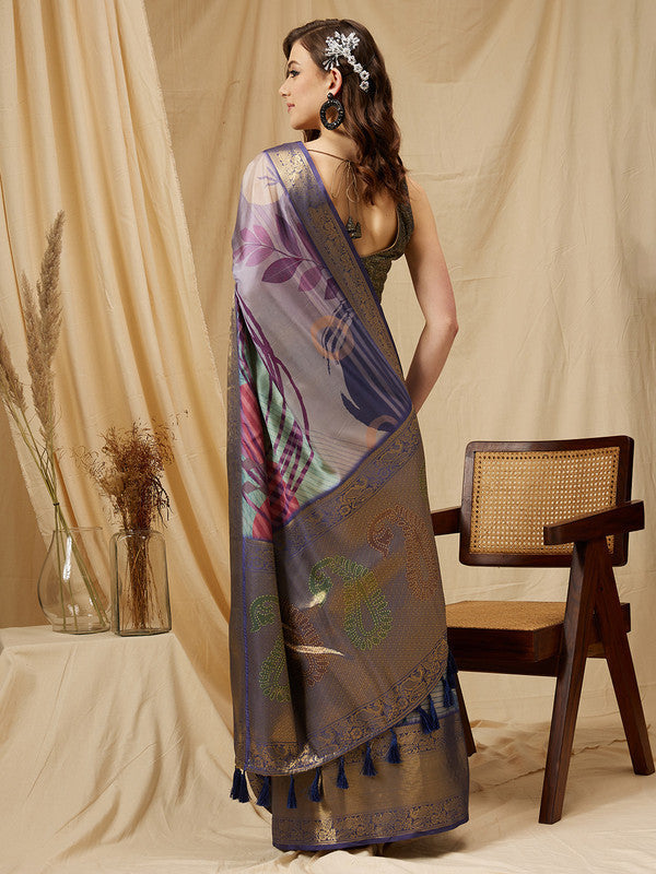 Multicolor Tusser Silk Digital Print Striped Saree with Unstitched Blouse - Hiral Fashion