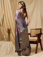 Multicolor Tusser Silk Digital Print Striped Saree with Unstitched Blouse - Hiral Fashion