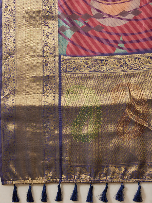 Multicolor Tusser Silk Digital Print Striped Saree with Unstitched Blouse - Hiral Fashion