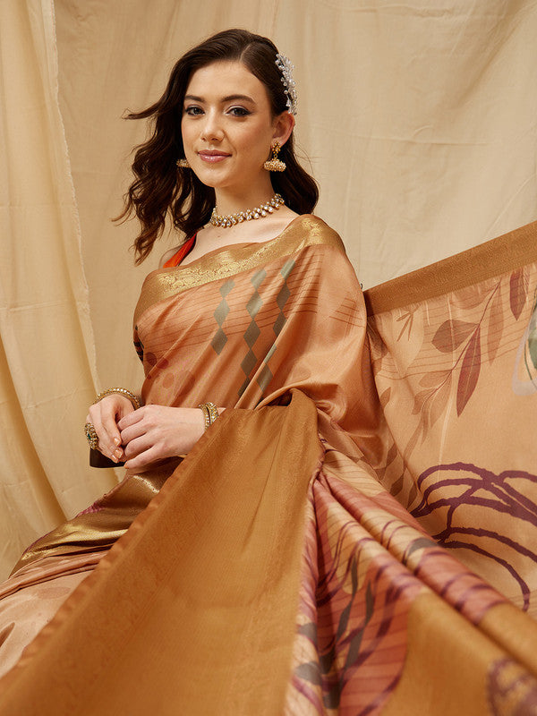 Multicolor Tusser Silk Digital Print Striped Saree with Unstitched Blouse - Hiral Fashion