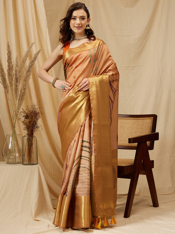 Multicolor Tusser Silk Digital Print Striped Saree with Unstitched Blouse - Hiral Fashion