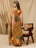 Multicolor Tusser Silk Digital Print Striped Saree with Unstitched Blouse - Hiral Fashion