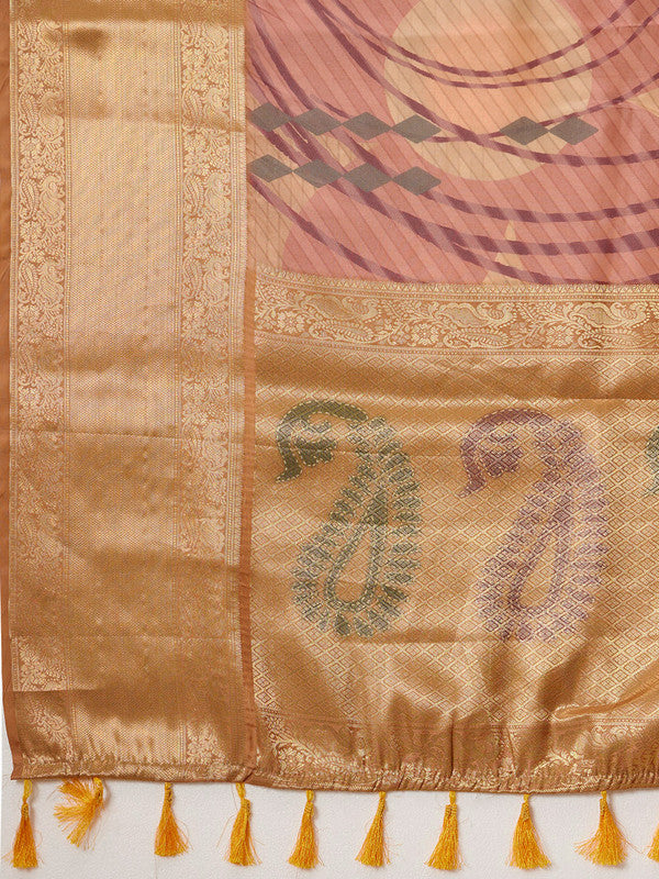 Multicolor Tusser Silk Digital Print Striped Saree with Unstitched Blouse - Hiral Fashion