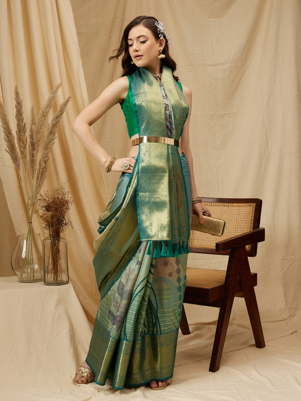 Multicolor Tusser Silk Digital Print Striped Saree with Unstitched Blouse - Hiral Fashion