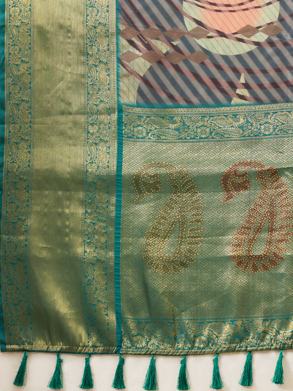 Multicolor Tusser Silk Digital Print Striped Saree with Unstitched Blouse - Hiral Fashion
