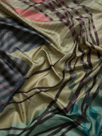 Multicolor Tusser Silk Digital Print Striped Saree with Unstitched Blouse - Hiral Fashion