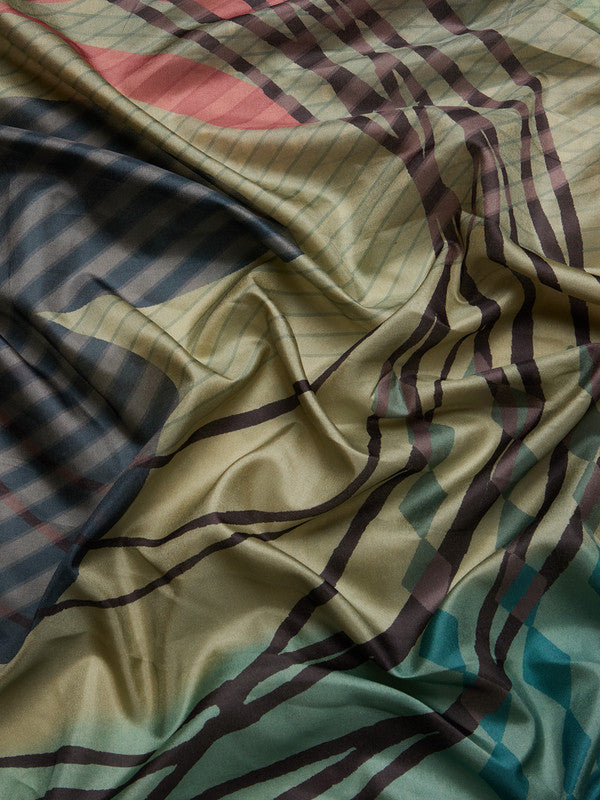 Multicolor Tusser Silk Digital Print Striped Saree with Unstitched Blouse - Hiral Fashion