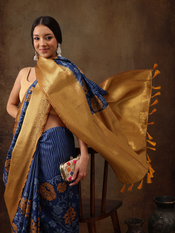 Blue Kanjeevaram Silk Digital Print Floral Saree with Unstitched Blouse - Hiral Fashion