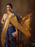 Blue Kanjeevaram Silk Digital Print Floral Saree with Unstitched Blouse - Hiral Fashion