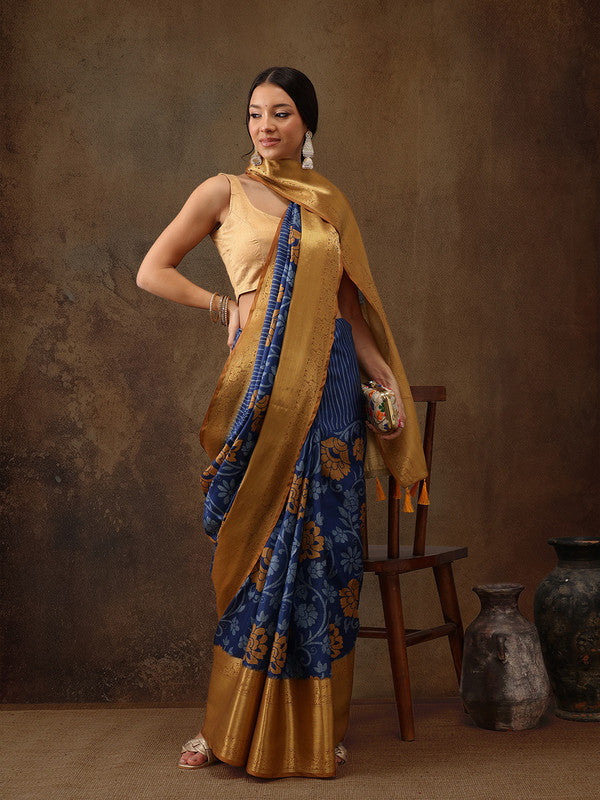 Blue Kanjeevaram Silk Digital Print Floral Saree with Unstitched Blouse - Hiral Fashion