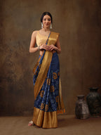 Blue Kanjeevaram Silk Digital Print Floral Saree with Unstitched Blouse - Hiral Fashion