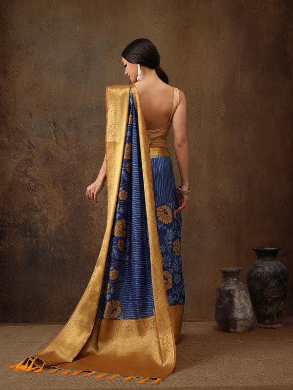 Blue Kanjeevaram Silk Digital Print Floral Saree with Unstitched Blouse - Hiral Fashion