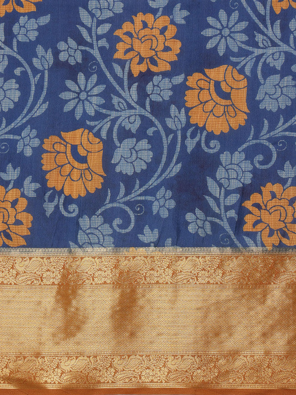 Blue Kanjeevaram Silk Digital Print Floral Saree with Unstitched Blouse - Hiral Fashion