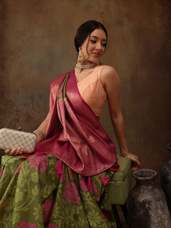 Olive Kanjeevaram Silk Digital Print Floral Saree with Unstitched Blouse - Hiral Fashion