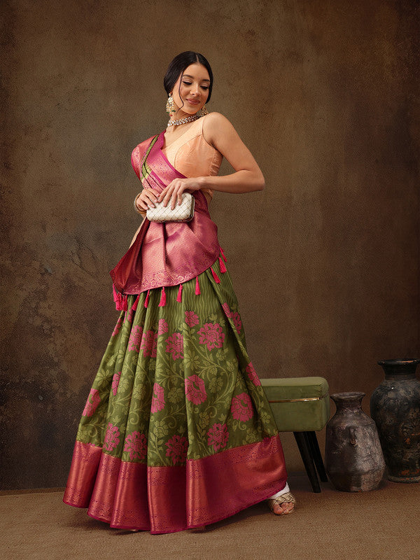 Olive Kanjeevaram Silk Digital Print Floral Saree with Unstitched Blouse - Hiral Fashion