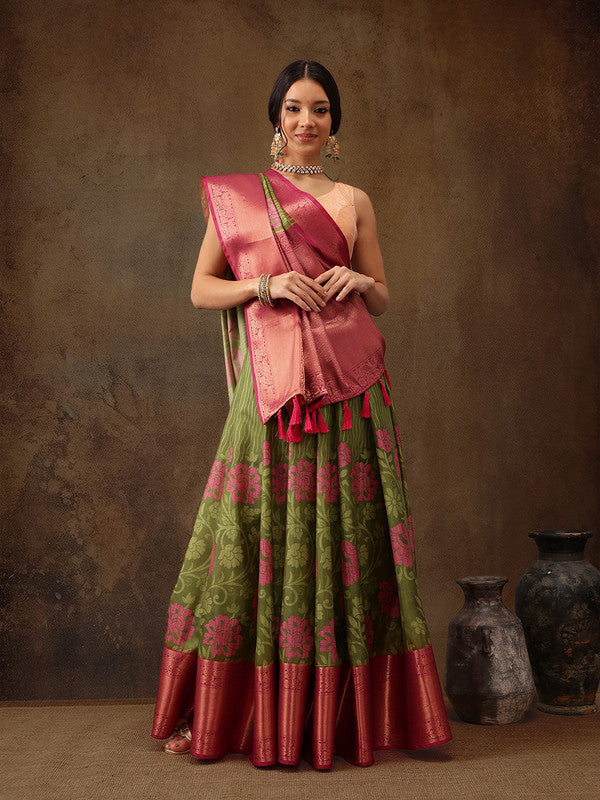 Olive Kanjeevaram Silk Digital Print Floral Saree with Unstitched Blouse - Hiral Fashion