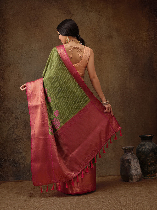 Olive Kanjeevaram Silk Digital Print Floral Saree with Unstitched Blouse - Hiral Fashion