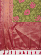 Olive Kanjeevaram Silk Digital Print Floral Saree with Unstitched Blouse - Hiral Fashion