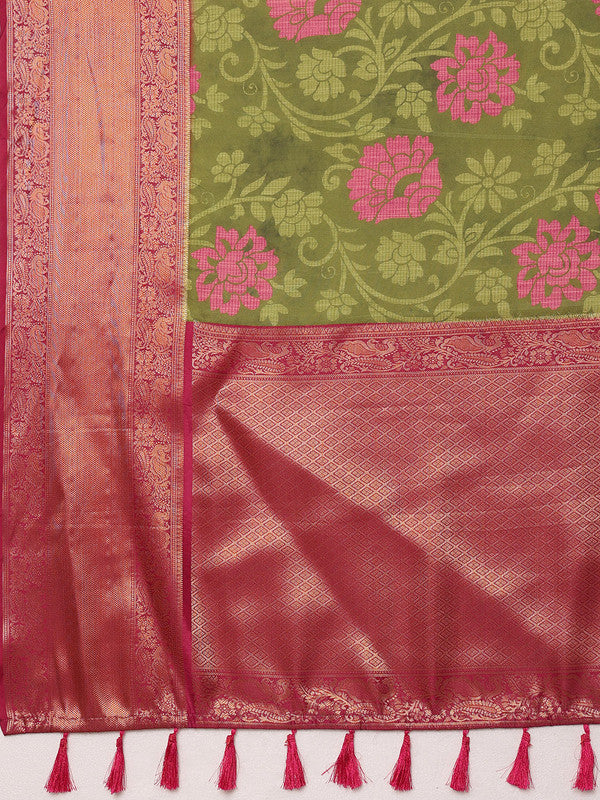 Olive Kanjeevaram Silk Digital Print Floral Saree with Unstitched Blouse - Hiral Fashion
