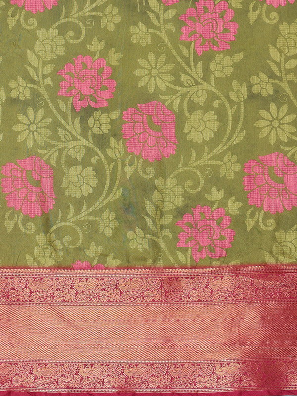Olive Kanjeevaram Silk Digital Print Floral Saree with Unstitched Blouse - Hiral Fashion