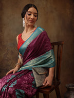 Pink Kanjeevaram Silk Digital Print Floral Saree with Unstitched Blouse - Hiral Fashion