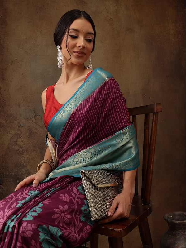 Pink Kanjeevaram Silk Digital Print Floral Saree with Unstitched Blouse - Hiral Fashion