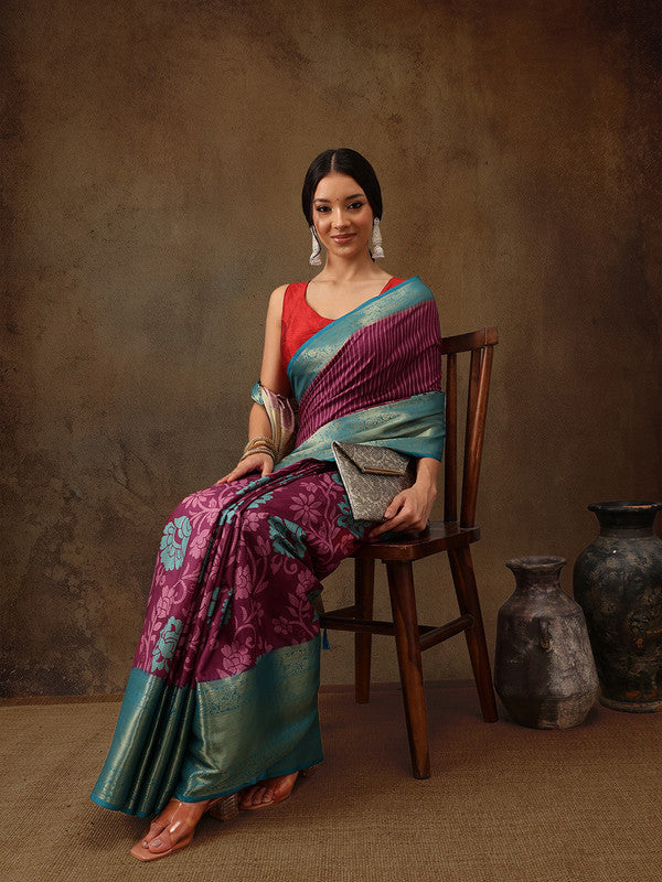 Pink Kanjeevaram Silk Digital Print Floral Saree with Unstitched Blouse - Hiral Fashion