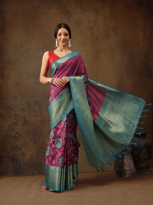 Pink Kanjeevaram Silk Digital Print Floral Saree with Unstitched Blouse - Hiral Fashion