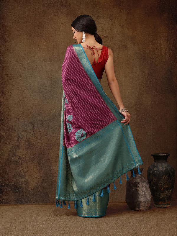 Pink Kanjeevaram Silk Digital Print Floral Saree with Unstitched Blouse - Hiral Fashion