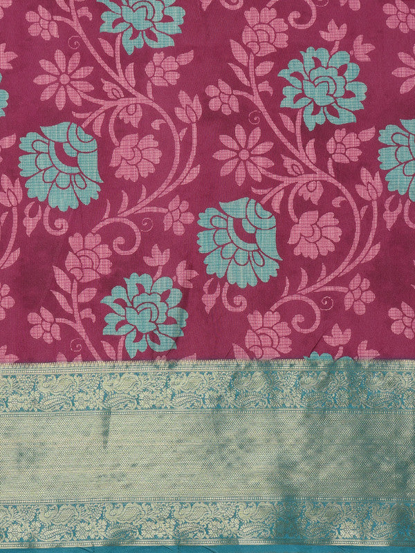 Pink Kanjeevaram Silk Digital Print Floral Saree with Unstitched Blouse - Hiral Fashion