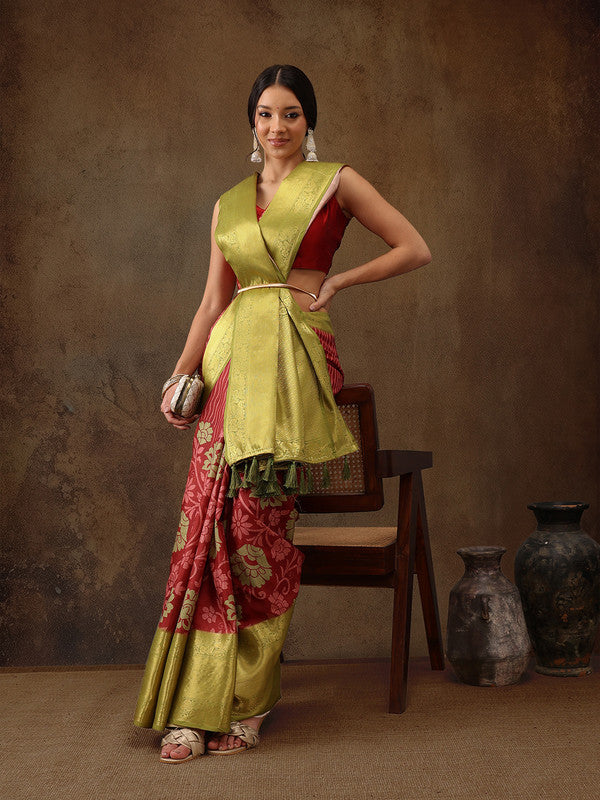 Red Kanjeevaram Silk Digital Print Floral Saree with Unstitched Blouse - Hiral Fashion